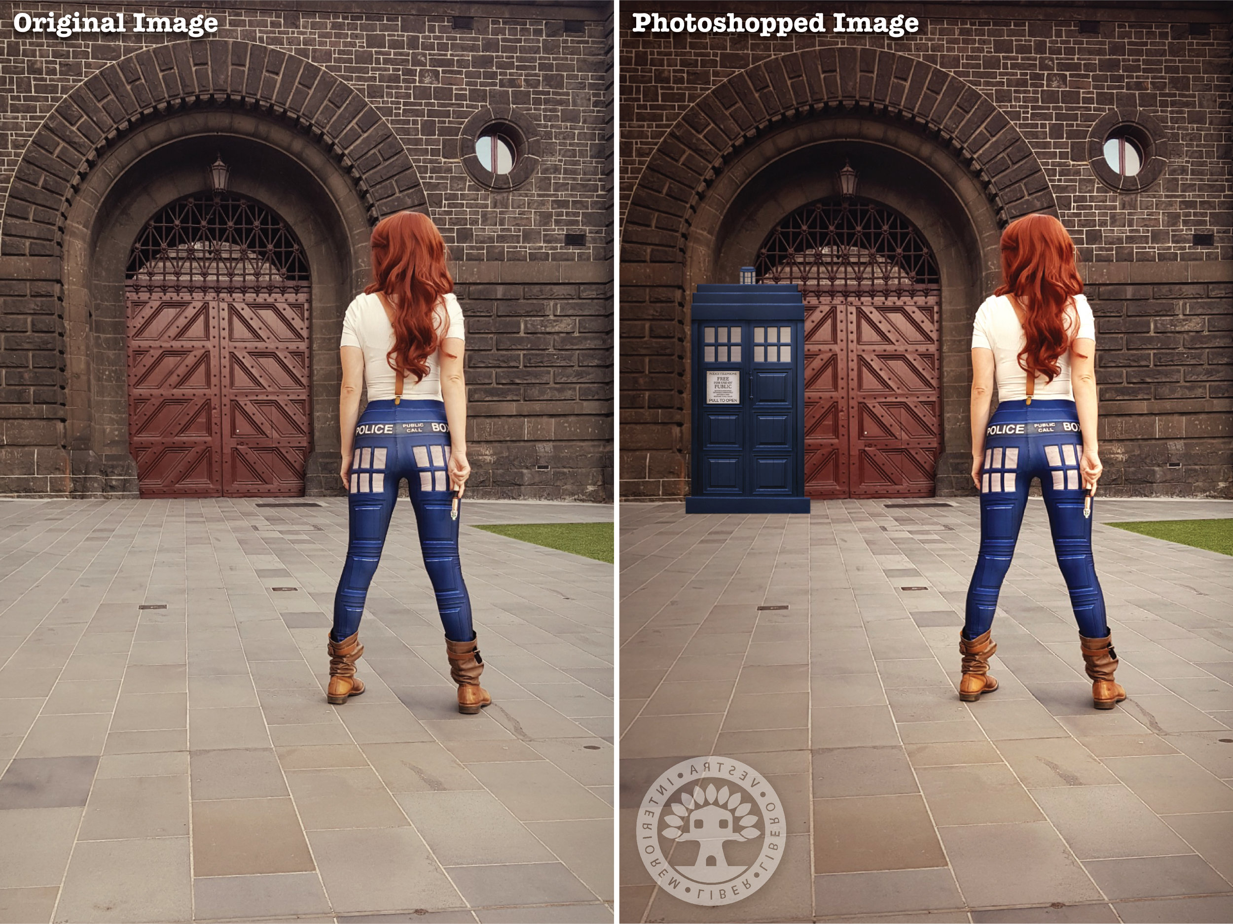 "Tardis Leggings" before and after Photoshop . ~ Corinne Jade, ClubHouse Collective