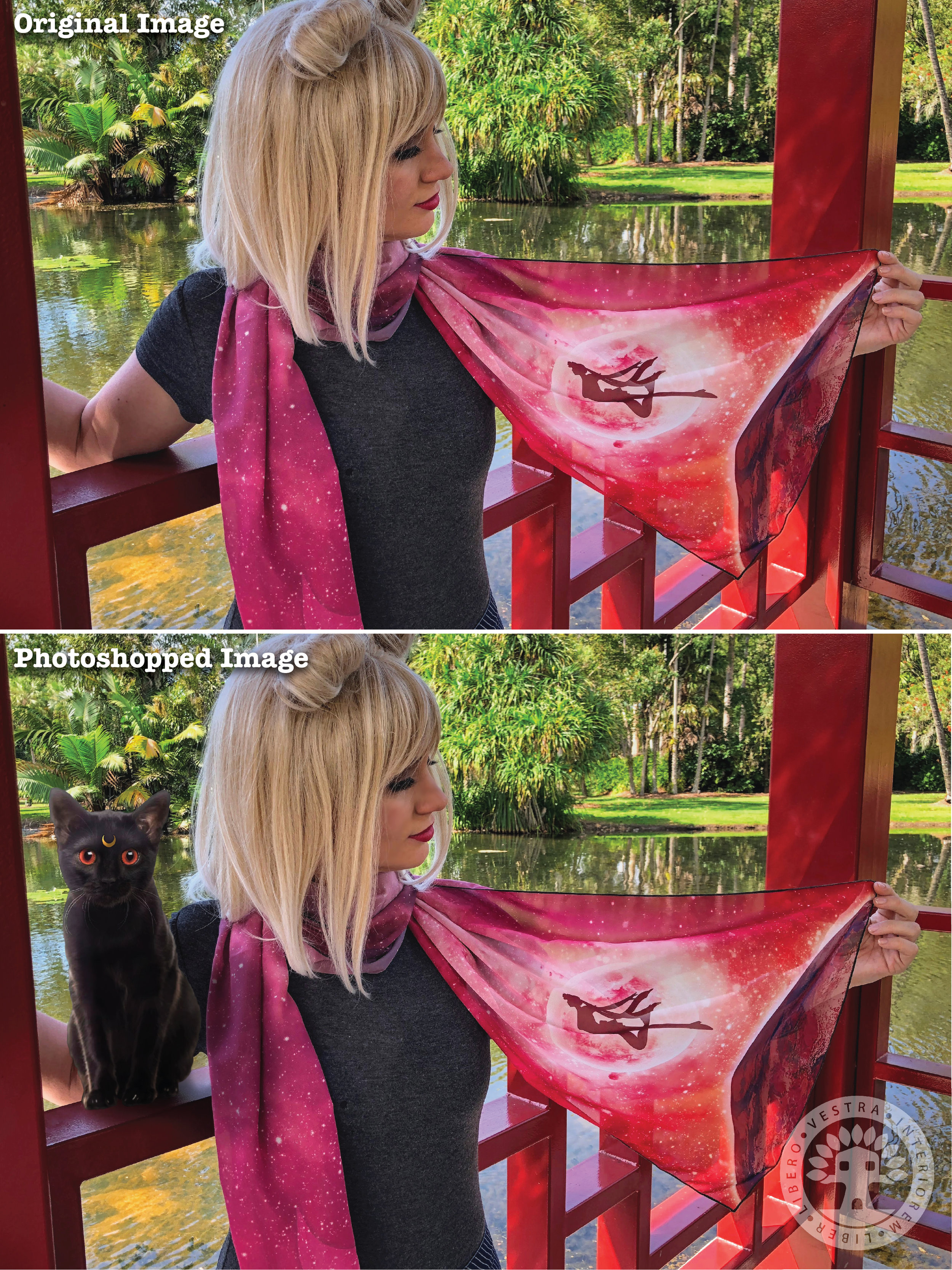 "Sailor Moon Scarf" before and after Photoshop . ~ Corinne Jade, ClubHouse Collective