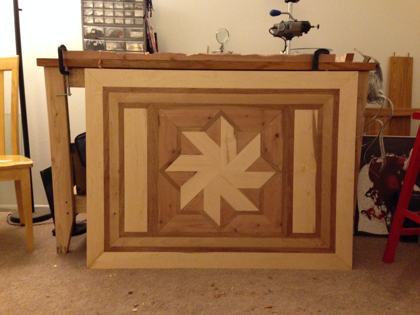 Tabletop assembled but before smoothing. You can still see glue stains and uneven spots if you look closely.