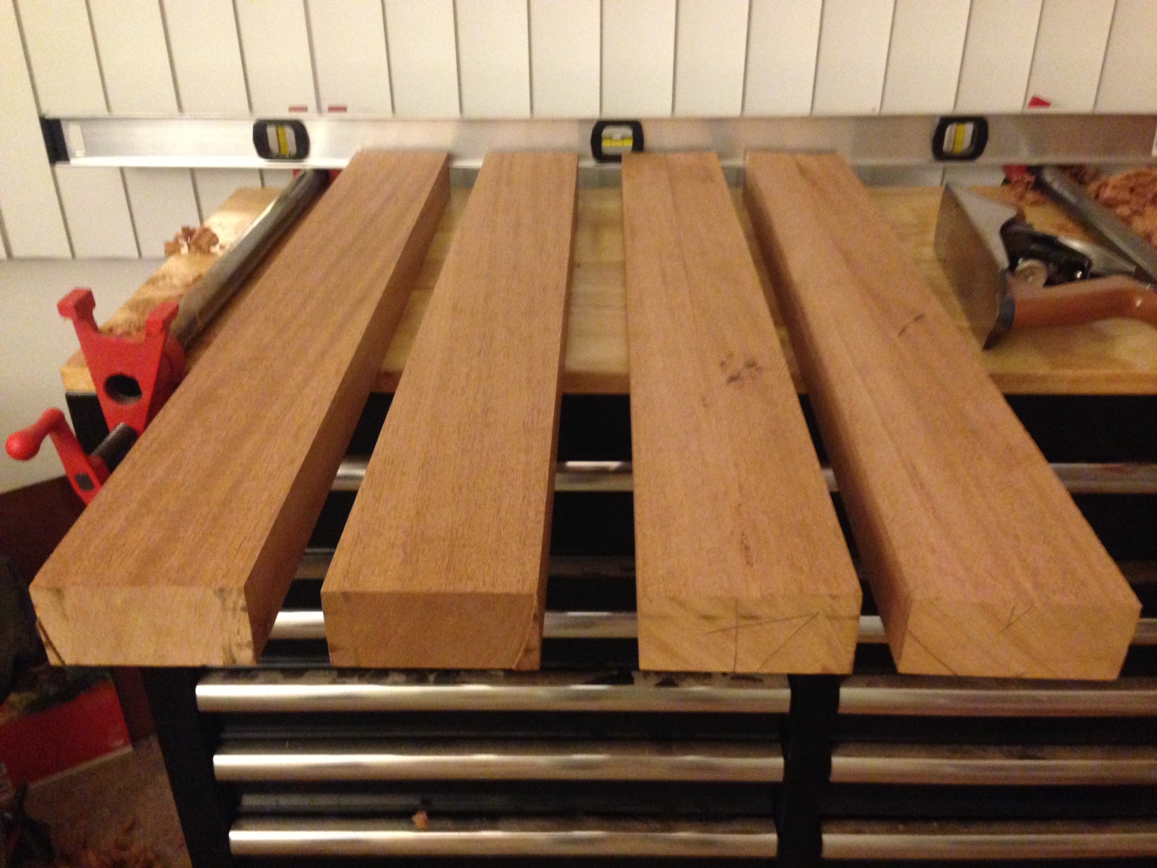 Boards on the left are square (or at least as close as I can get them... which is pretty good). Two on the right are very much not. You don't see mahogany like this much these days, which is part of why I'm enjoying working with it so much.
