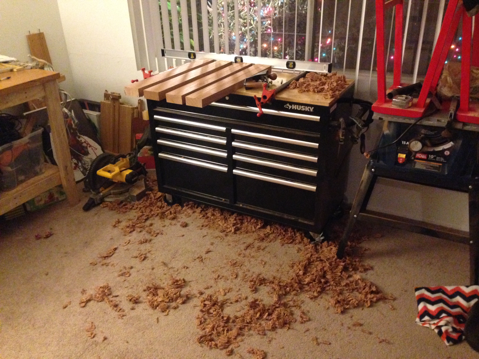 Aaaaaannnd, the inevitable aftermath of hours of planing. My kingdom for a workshop. Oh wait, my kingdom is my workshop... and my living room... and kinda my kitchen. Who put up those sweet christmas lights in the window?!