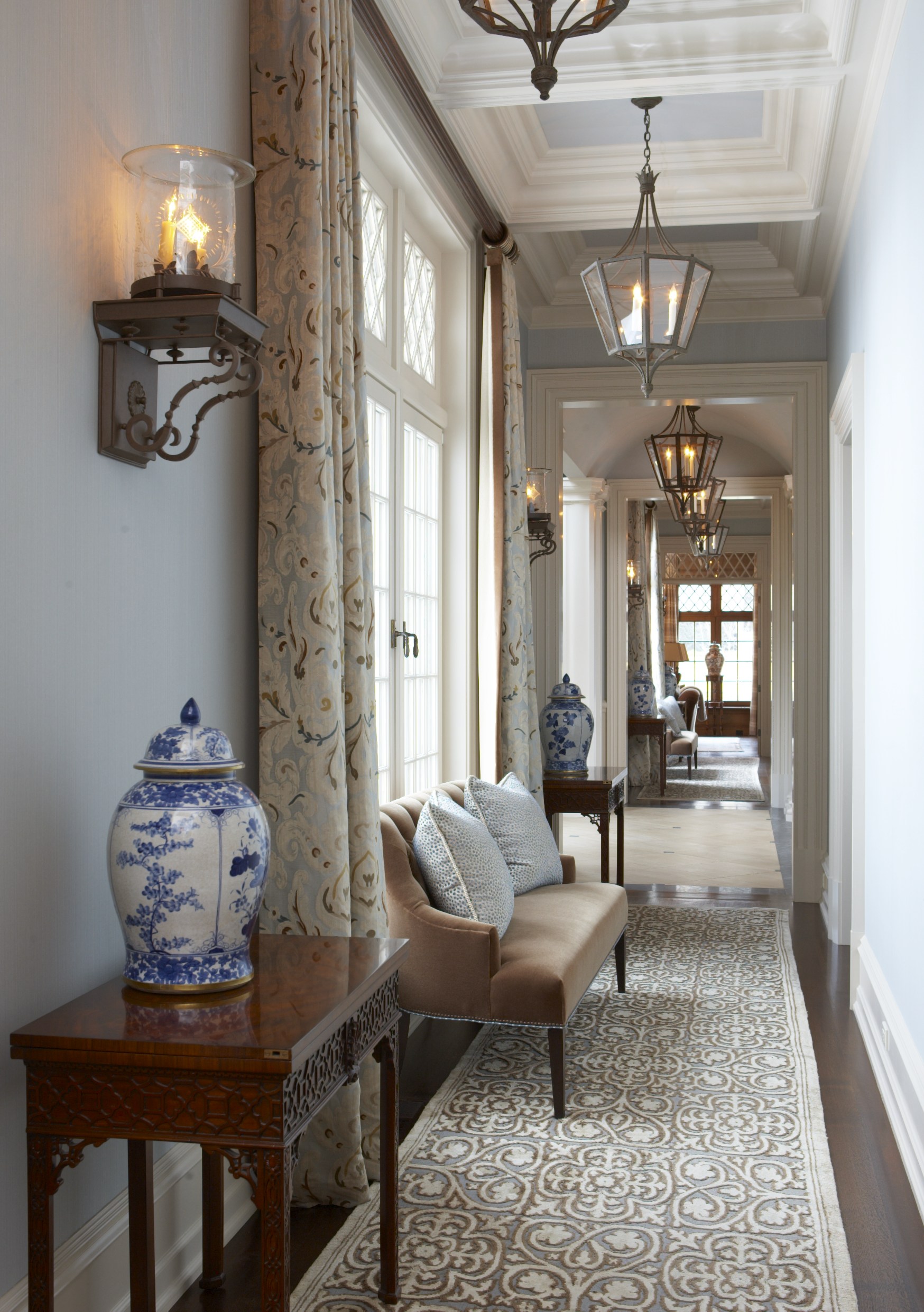 A hallway designed by Cindy Rinfret for a client's home in Greenwich, CT.