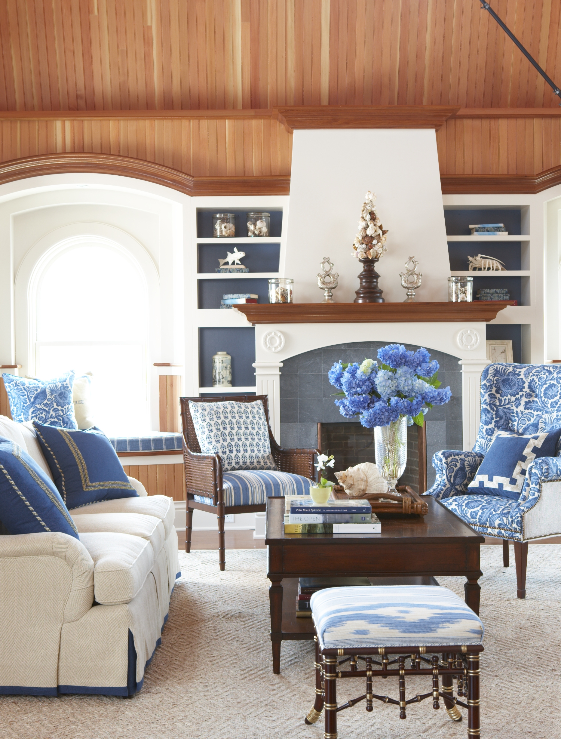 The living room at the Ocean House Tower Suite in Watch Hill, designed by Cindy Rinfret.