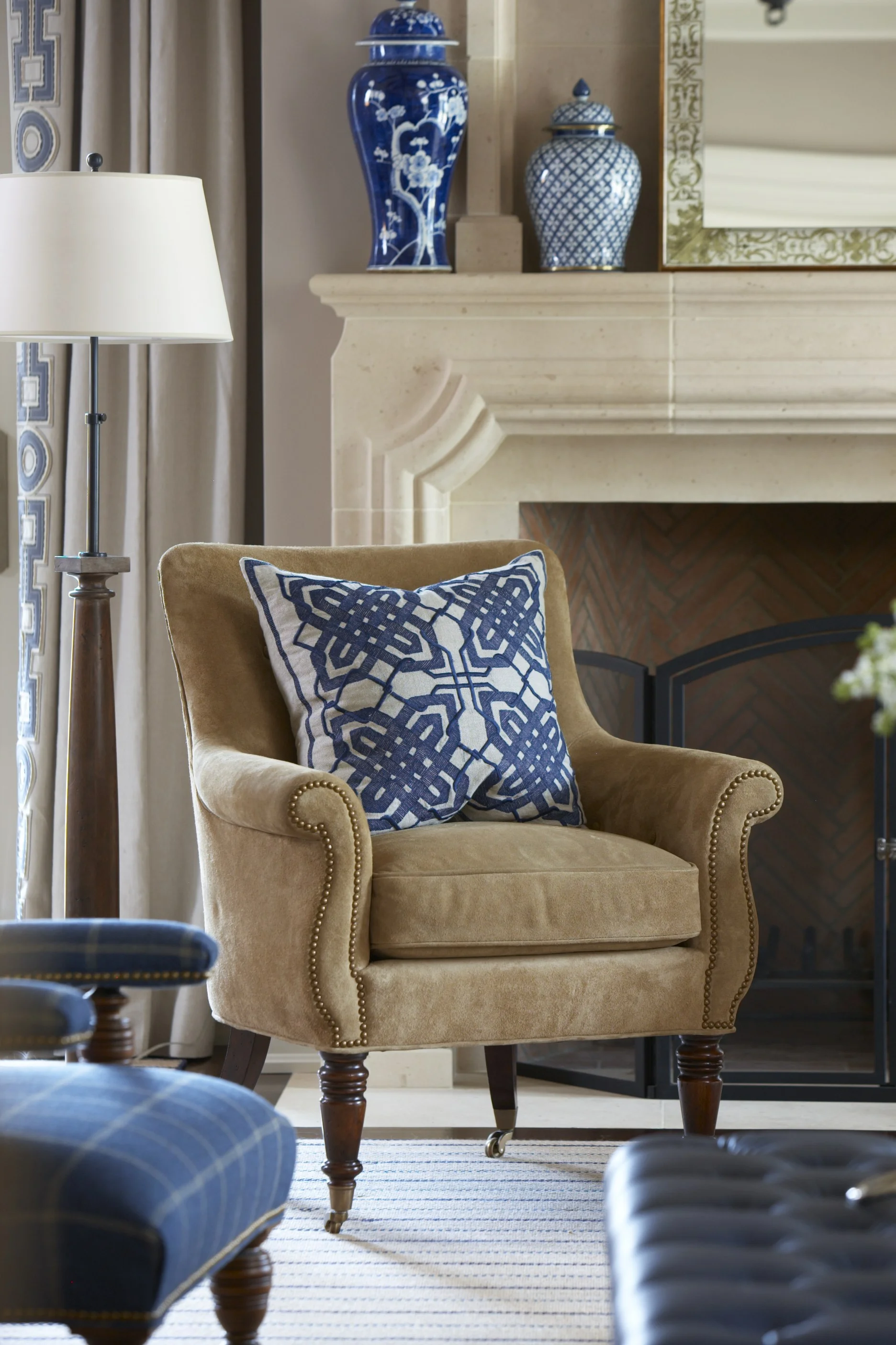 Blue and white abounds in a Greenwich family room designed by Cindy Rinfret.