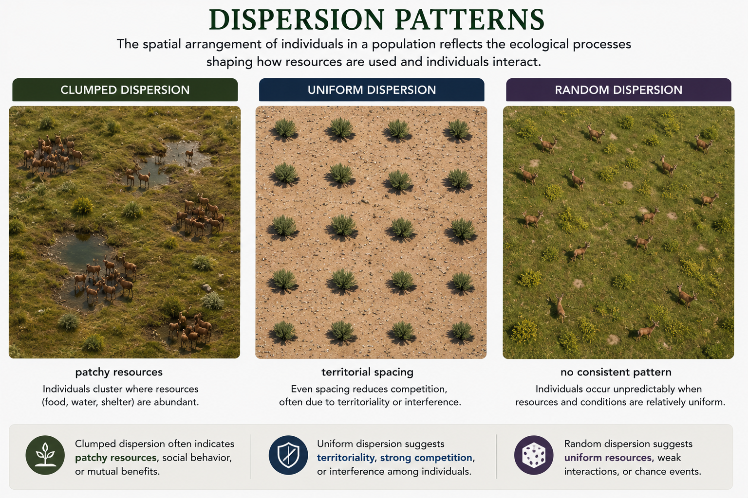 Three overhead habitat plots compare dispersion patterns. Individuals are grouped in clusters in the clumped pattern, evenly spaced in the uniform pattern, and scattered unpredictably in the random pattern.