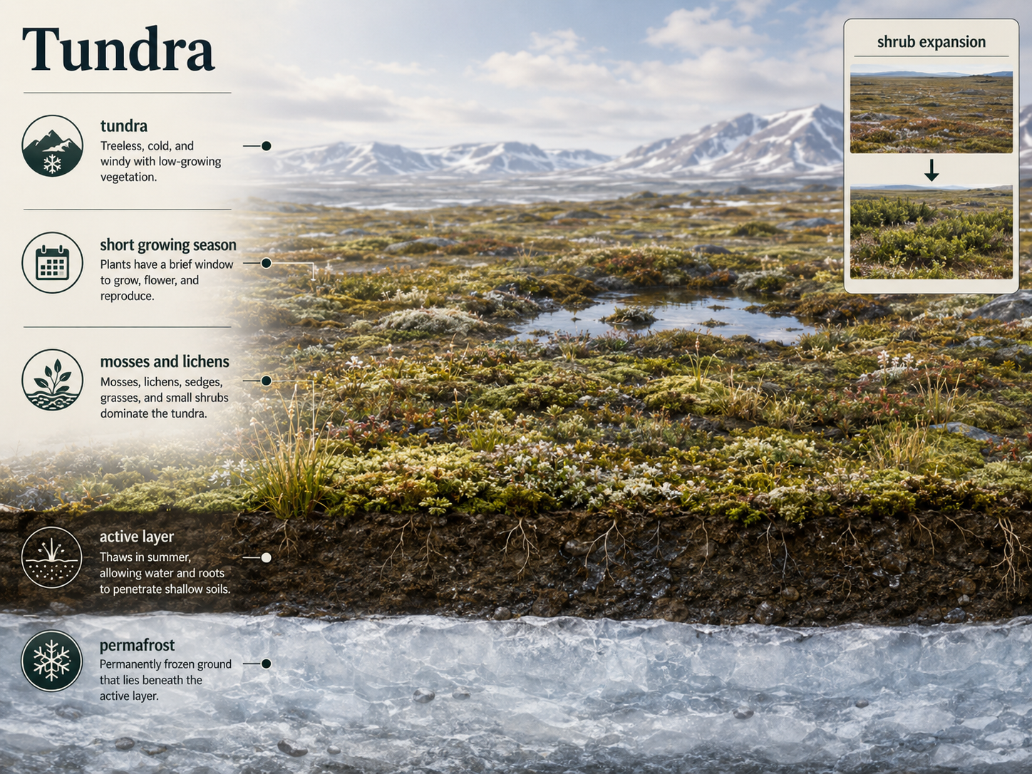 Alt text: A tundra landscape shows mosses, lichens, sedges, grasses, small shrubs, shallow wet soil, and a cutaway of the active layer above permafrost.