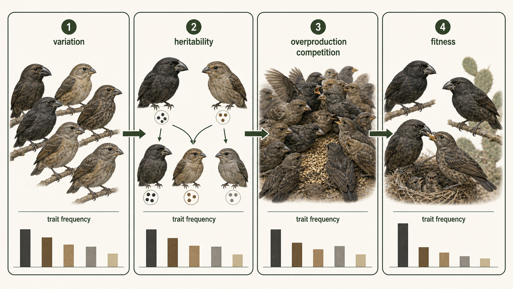 Four panels show variation, heritability, overproduction, competition, and increased reproduction of advantageous traits.