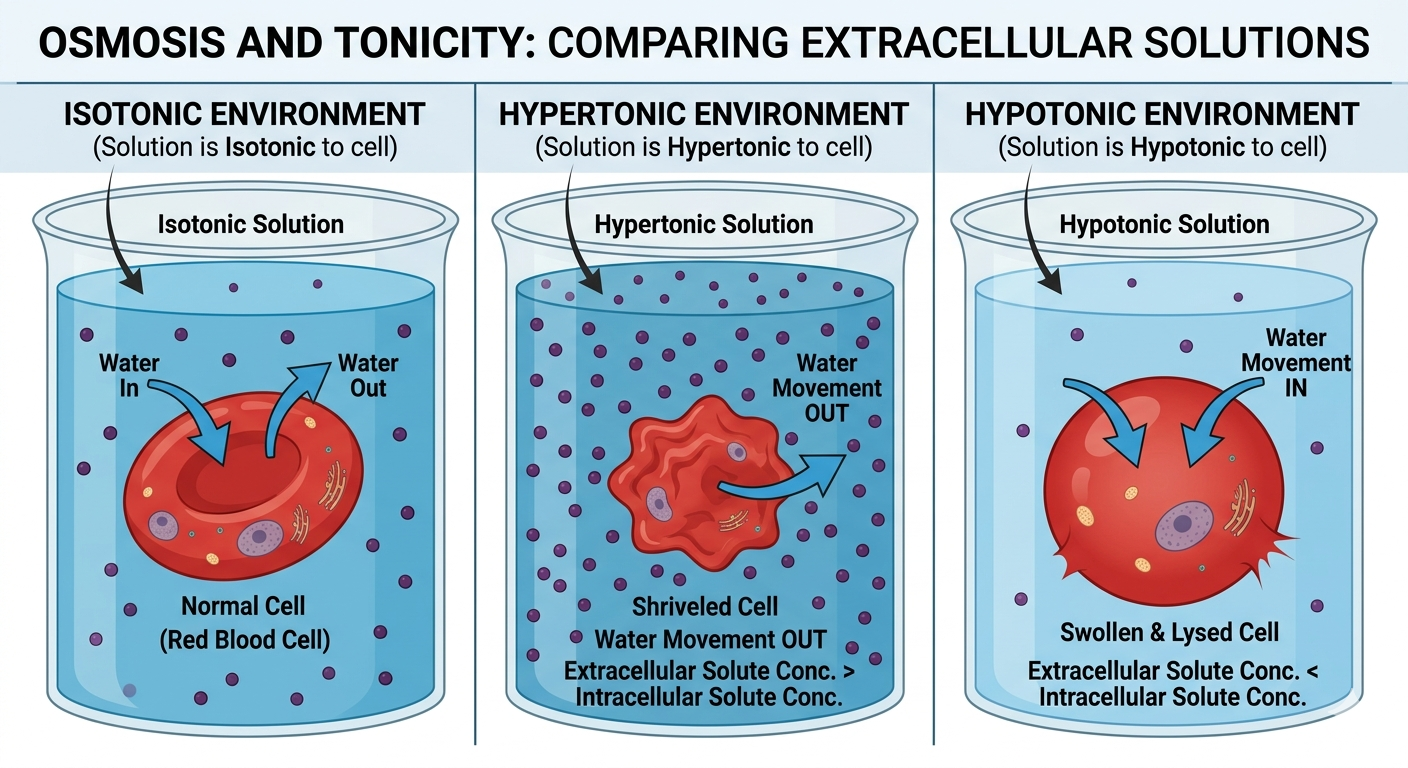 Osmosis regulates water movement across membranes and strongly influences cell volume.