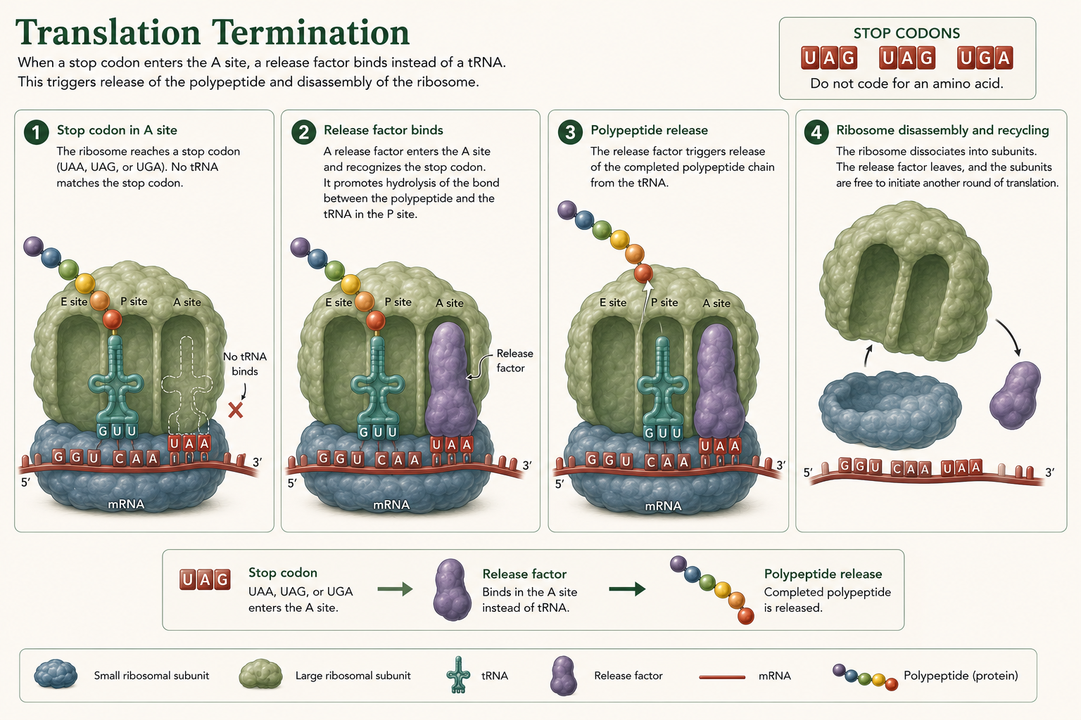 Alt text: A release factor binds a stop codon, releasing the completed polypeptide and separating the ribosome.