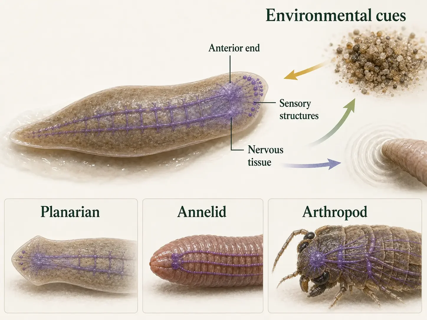 A forward-moving bilaterian encounters food, predators, and obstacles at its anterior end; arrows show sensory structures and nervous tissue concentrated near the front through cephalization.