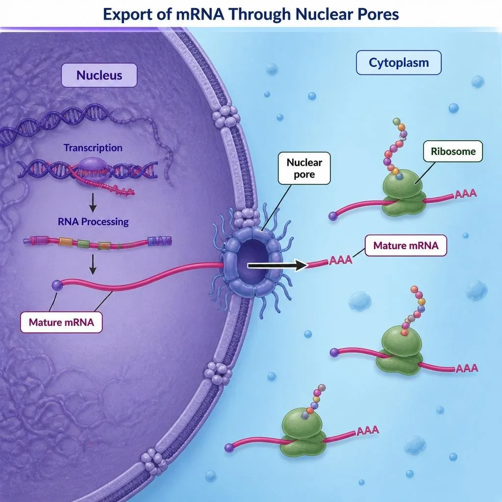 Processed mRNA exits the nucleus through nuclear pores before translation occurs in the cytoplasm.
