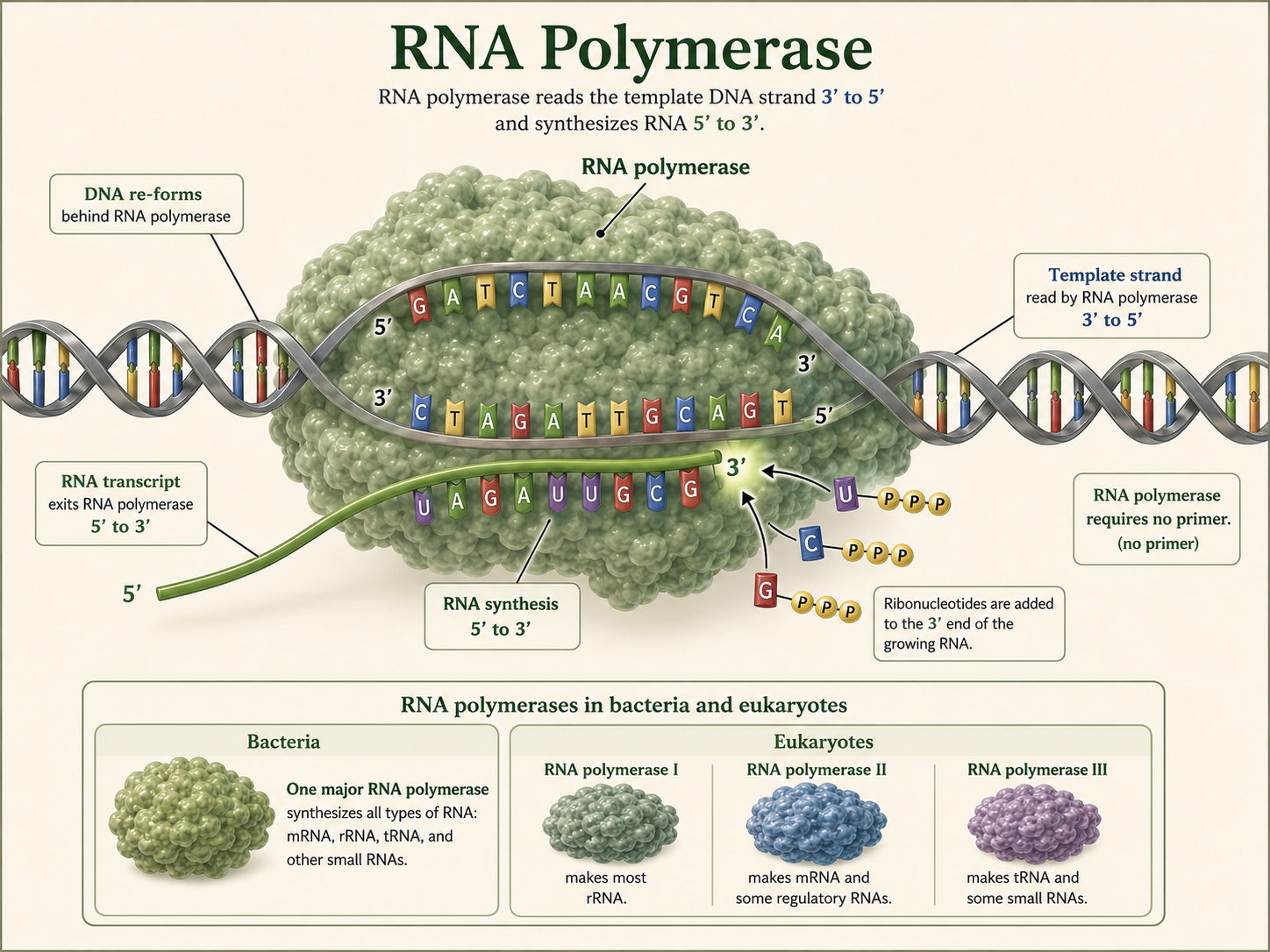 RNA polymerase opens DNA, reads the template strand, and builds RNA without needing a primer.