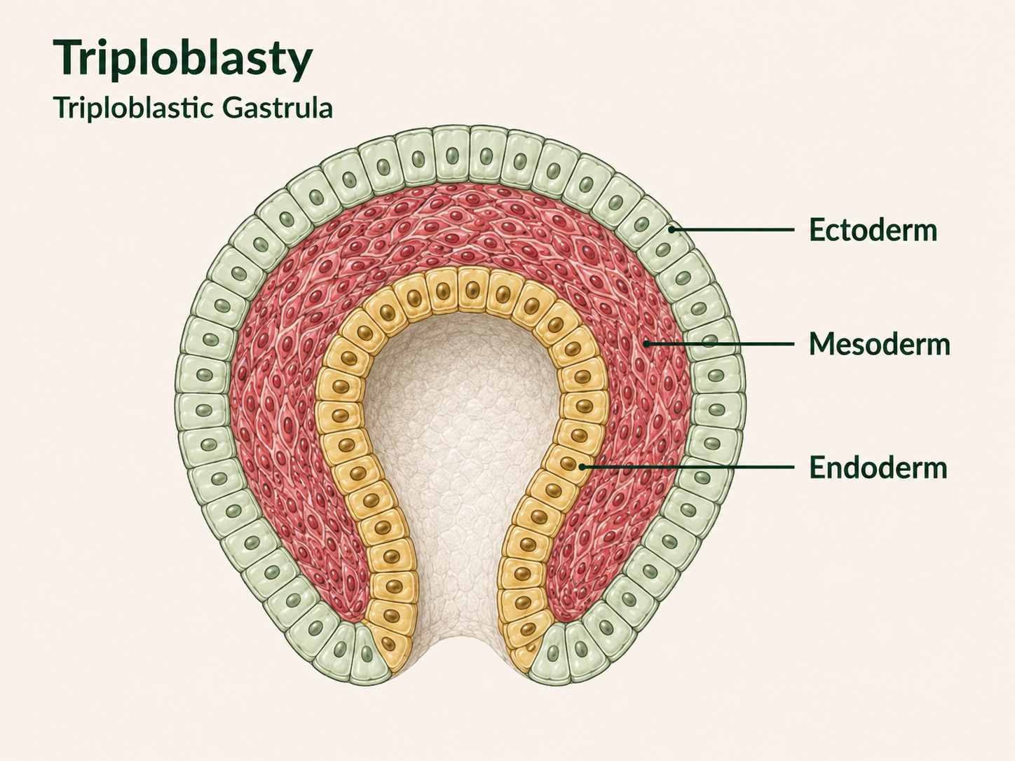 Cross section of a triploblastic gastrula showing the three germ layers: outer ectoderm, middle mesoderm, and inner endoderm lining the developing gut cavity.