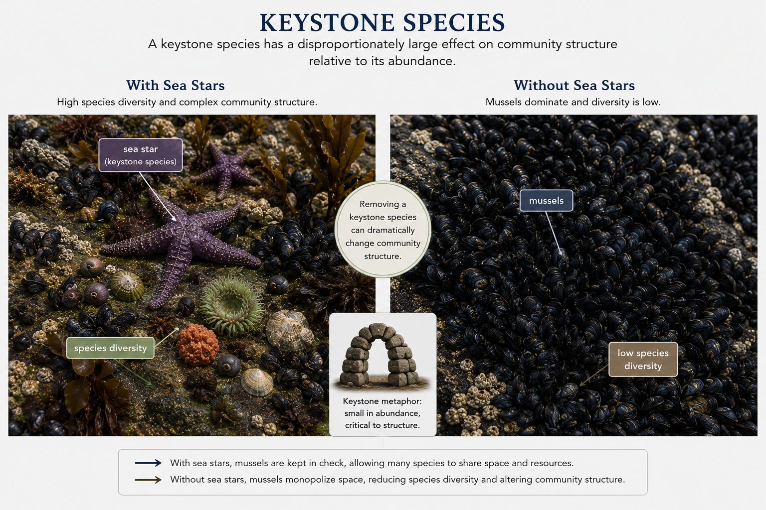 A split rocky intertidal scene compares a community with and without sea stars. With sea stars present, mussels are limited and many species share space. Without sea stars, mussels dominate the rocks and community diversity is reduced.