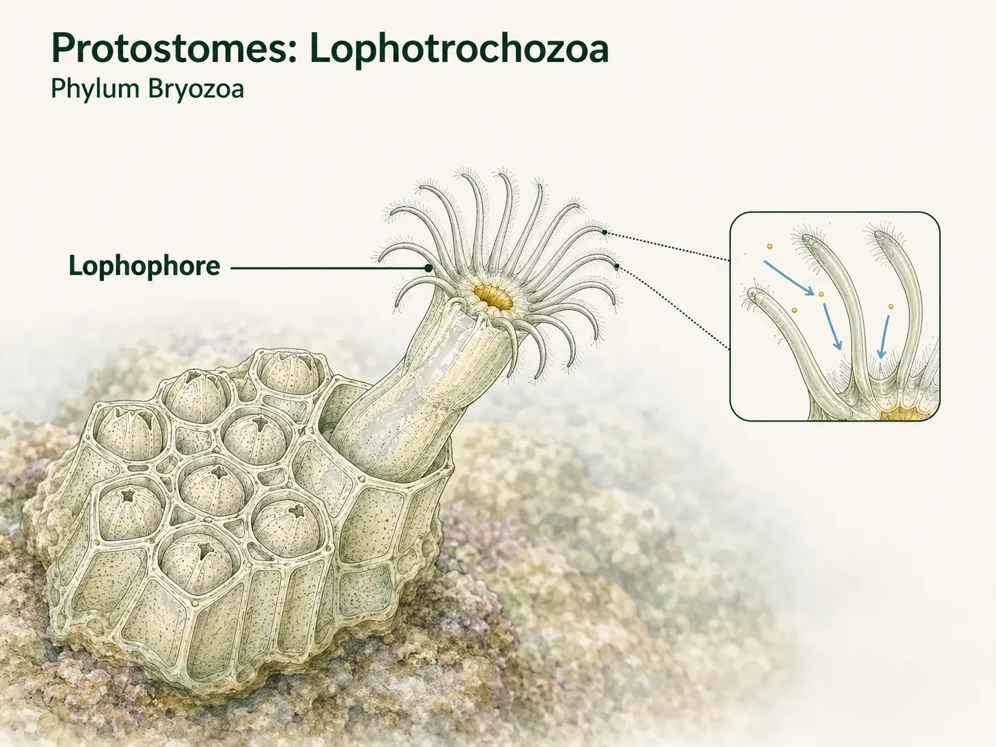 Bryozoan colony with an enlarged zooid showing the lophophore as a crown of ciliated tentacles surrounding the mouth.