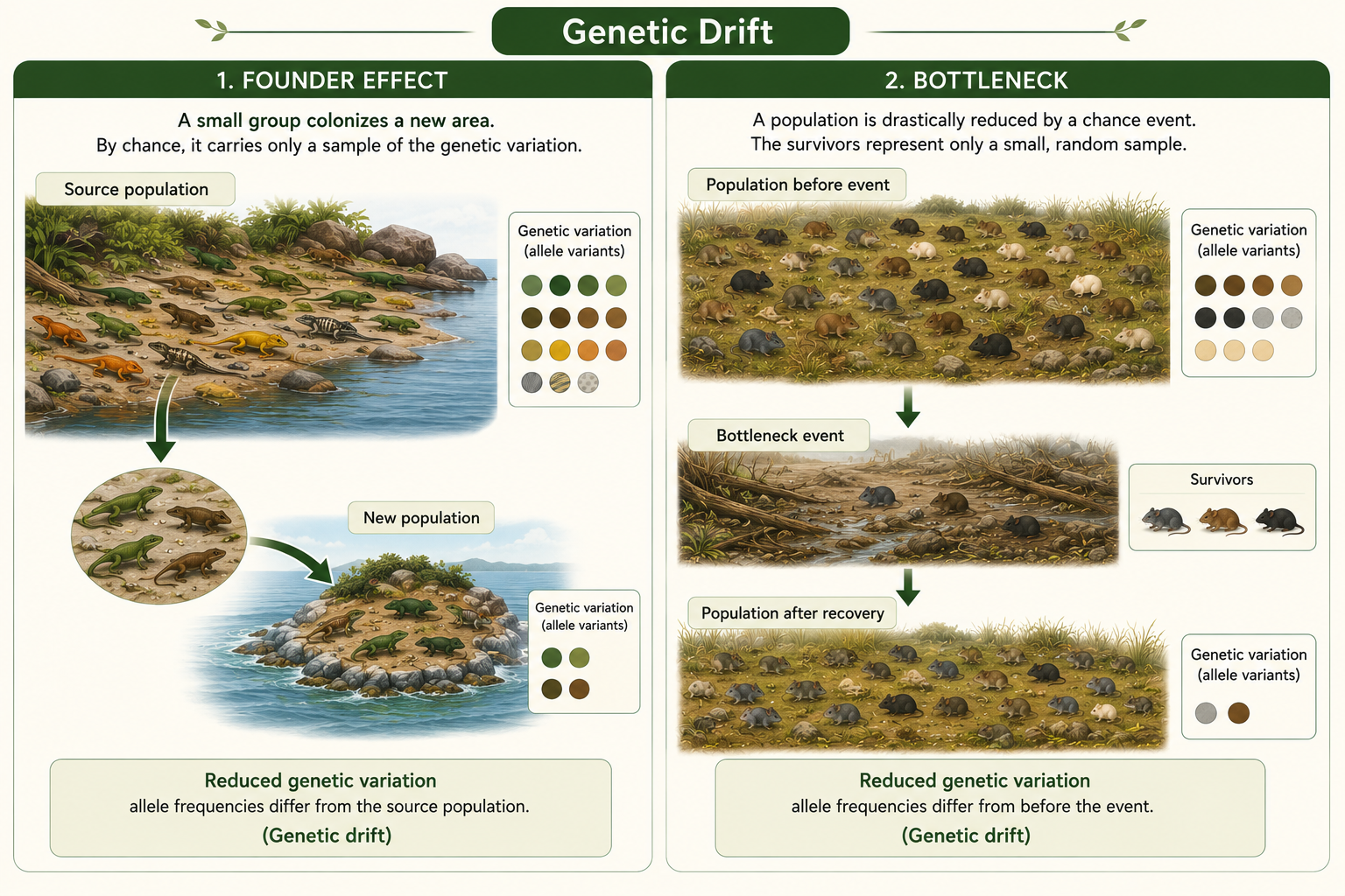 Two panels show drift: a few founders start a new population, and a bottleneck leaves few survivors with reduced variation.