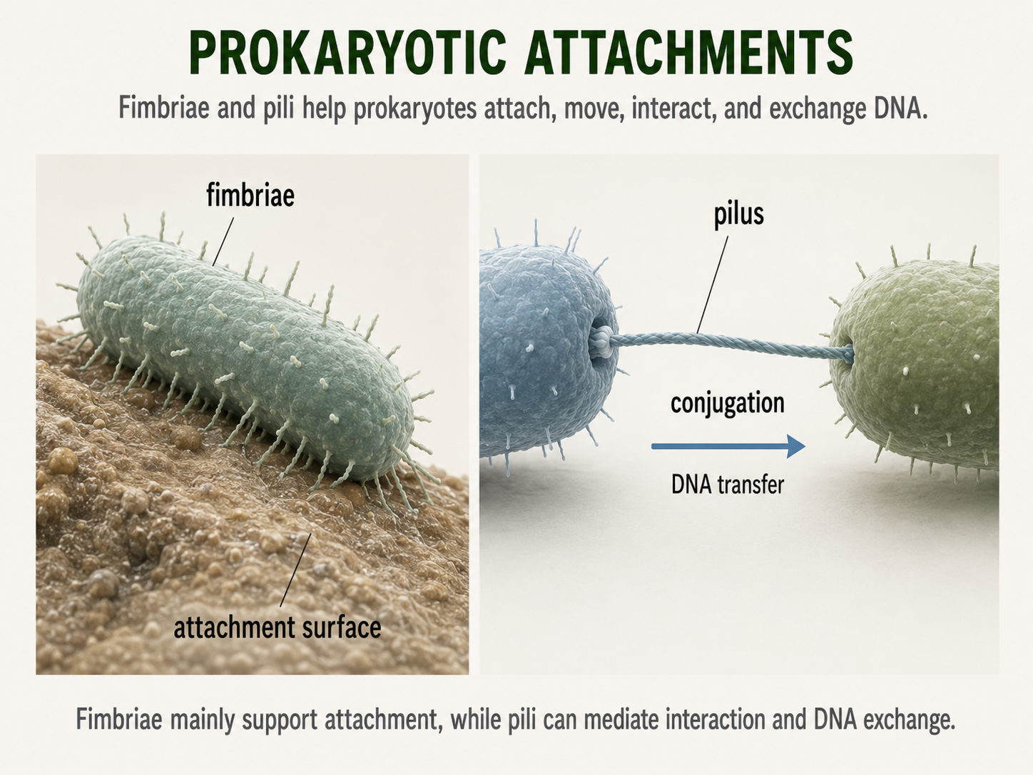 A bacterial cell attaches to a surface using many short fimbriae. Nearby, a second bacterial cell uses a longer pilus to connect with another cell during conjugation. A small arrow shows DNA moving between the connected cells.
