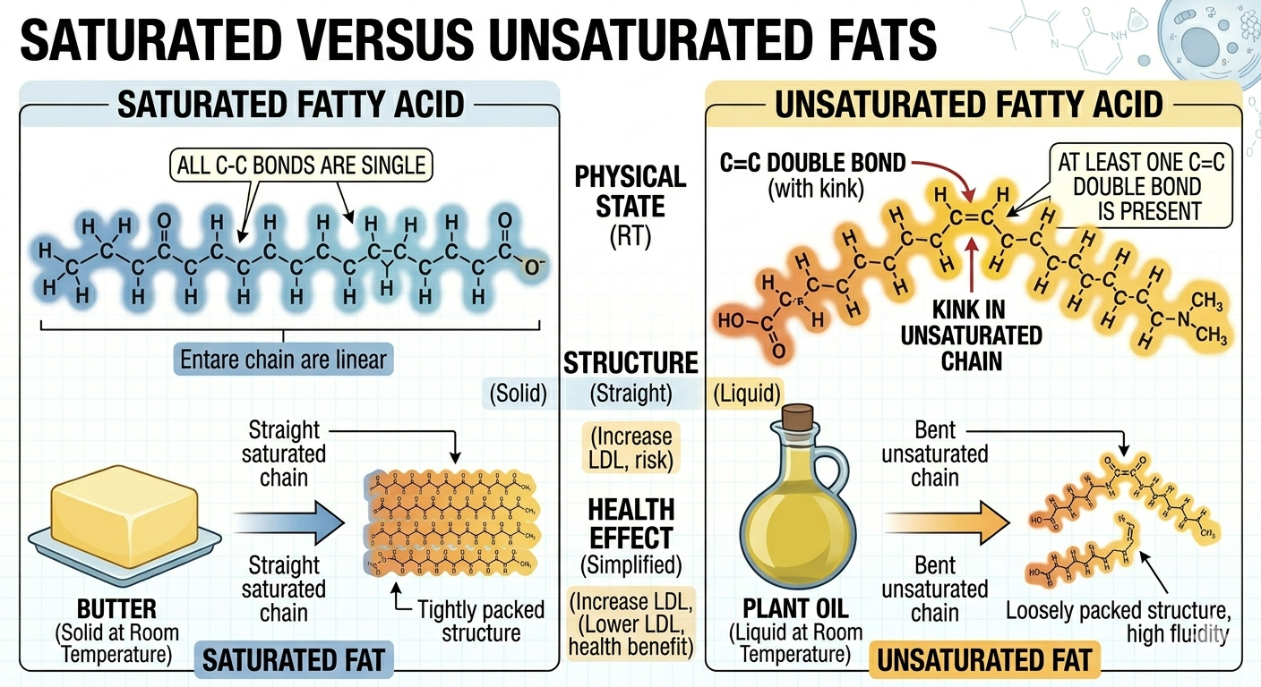 Double bonds in unsaturated fats create bends that prevent tight packing and increase fluidity.