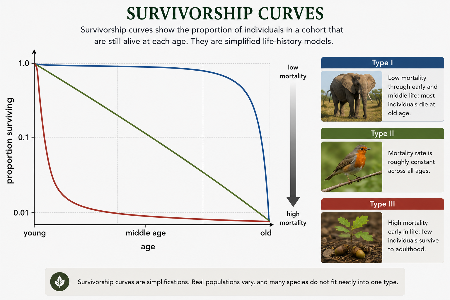 A graph shows three survivorship curves. Type I remains high until old age, Type II declines steadily, and Type III drops steeply early in life. Small icons show examples such as a human, bird, and oak tree or fish.