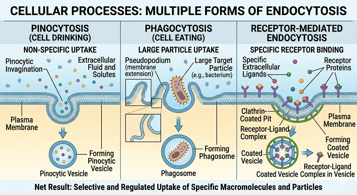 Endocytosis allows cells to internalize fluids, particles, and specific molecules using membrane vesicles.