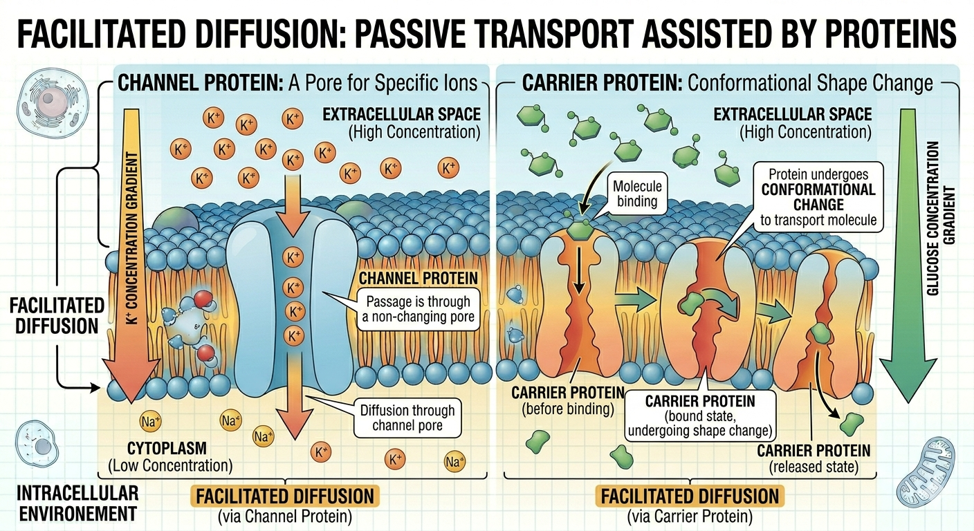 Facilitated diffusion uses transport proteins to move substances down their concentration gradients without ATP.