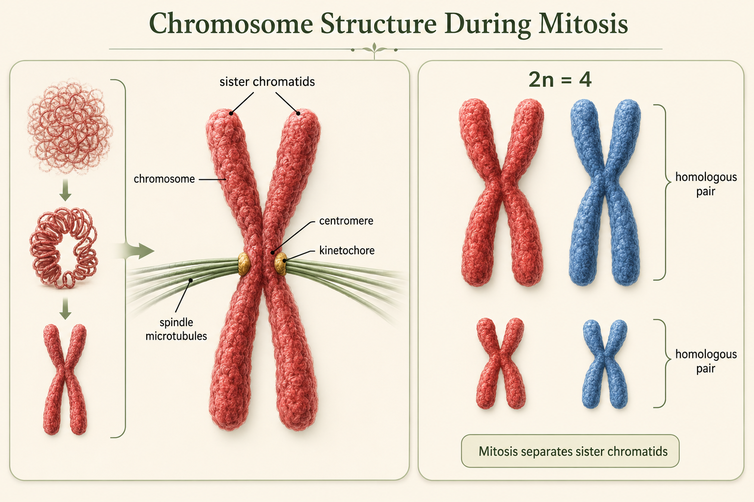 Replicated chromosome consists of two sister chromatids joined at a centromere, with kinetochores serving as spindle attachment sites.