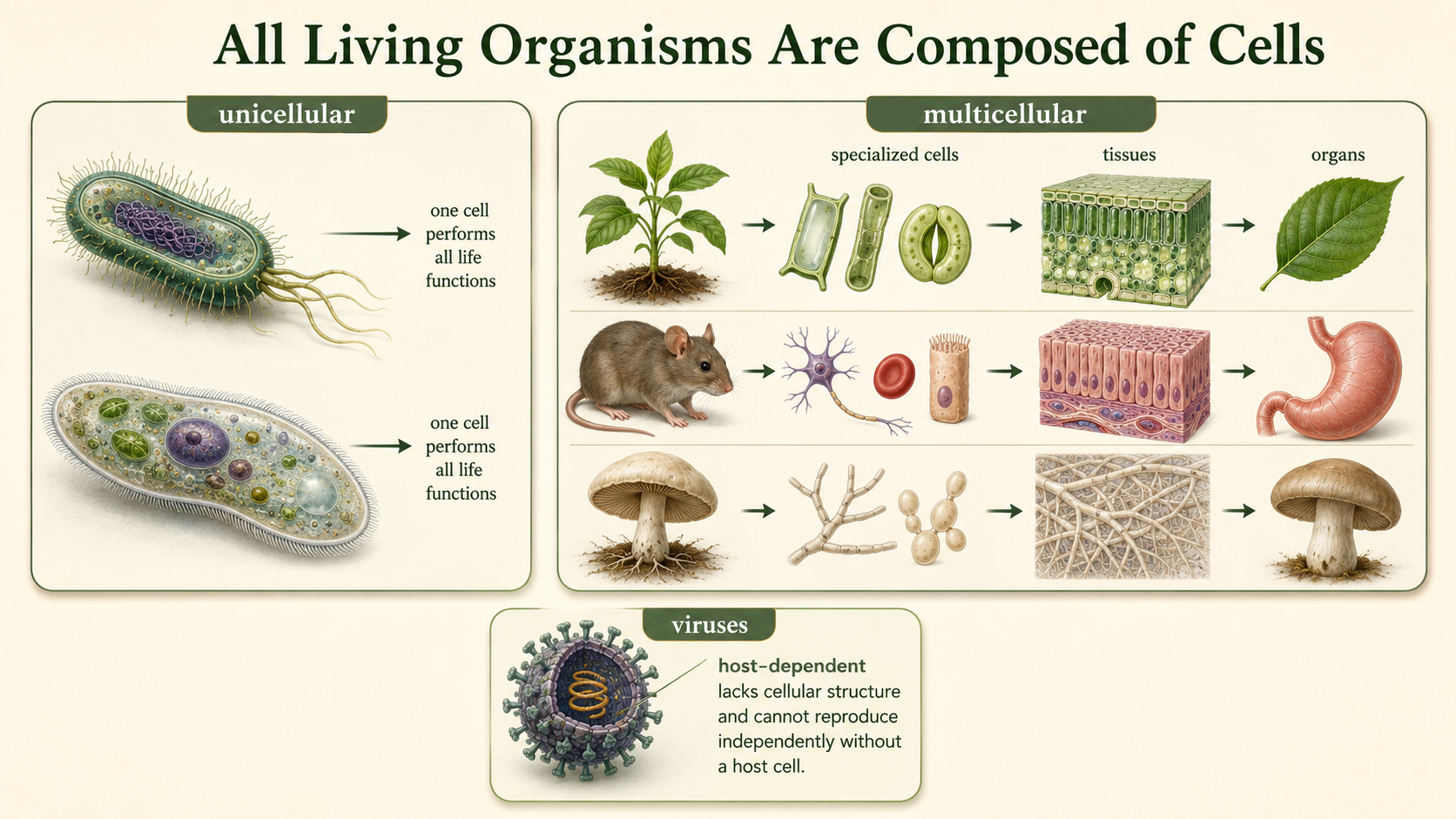 Unicellular and multicellular organisms are compared, with viruses shown as noncellular and host-dependent.
