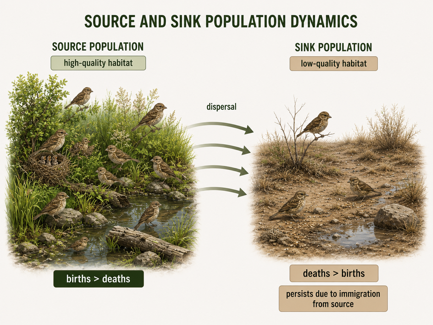 A high-quality habitat patch contains a growing population and sends dispersing individuals toward a lower-quality habitat patch. The lower-quality patch contains individuals but depends on immigrants from the source to persist.