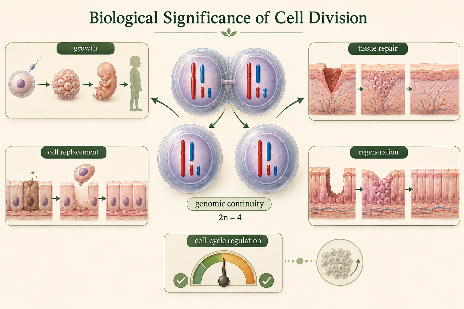 Central dividing cell connects to examples of growth, tissue repair, cell replacement, regeneration, genomic continuity, and cell-cycle regulation.