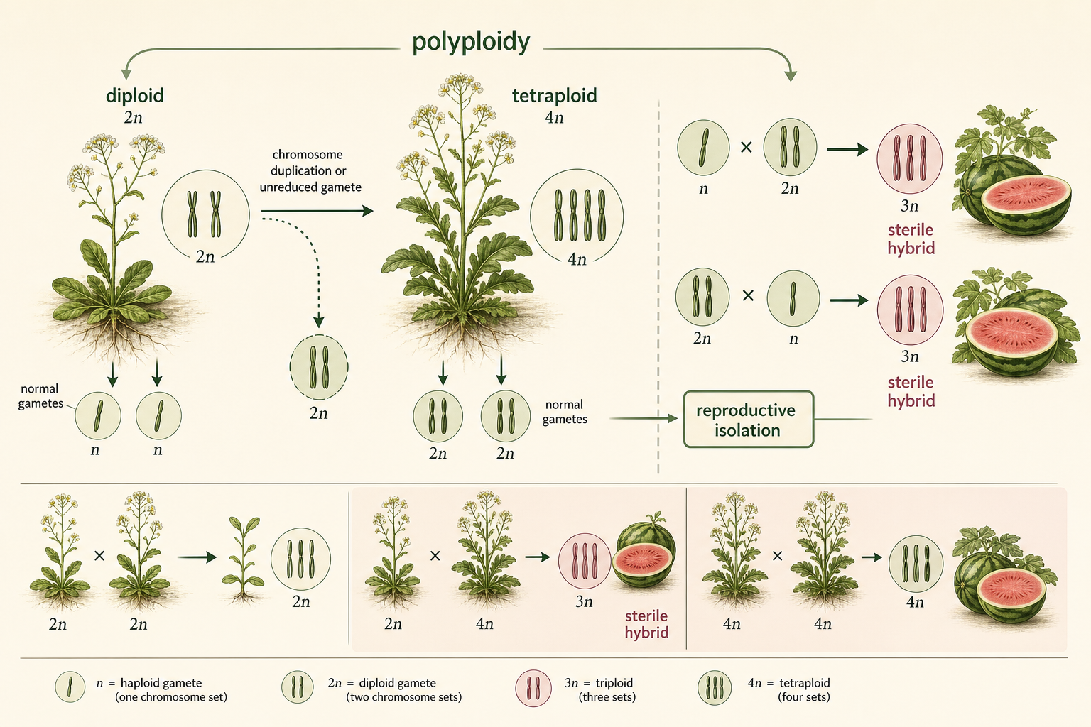 A diploid plant gives rise to a tetraploid lineage, while diploid-tetraploid crosses produce low-fertility triploids.