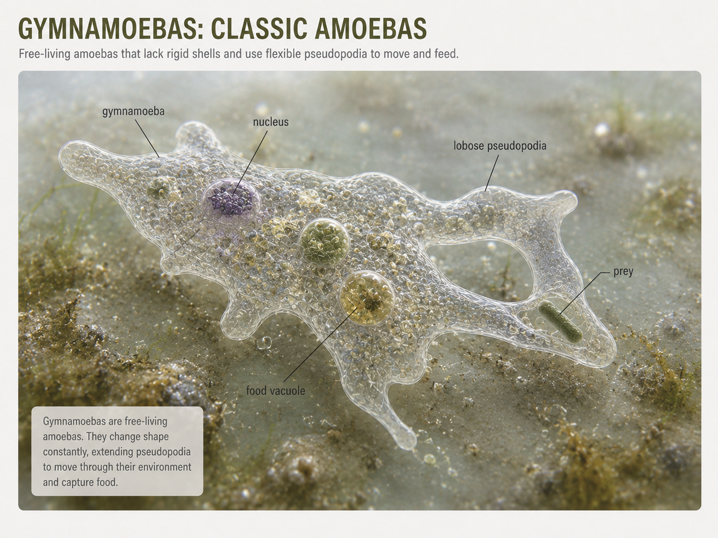 Gymnamoebas are free-living amoebas that move with lobose pseudopodia and feed by phagocytosis. They show how a single eukaryotic cell can move, hunt, digest, and respond to its environment.