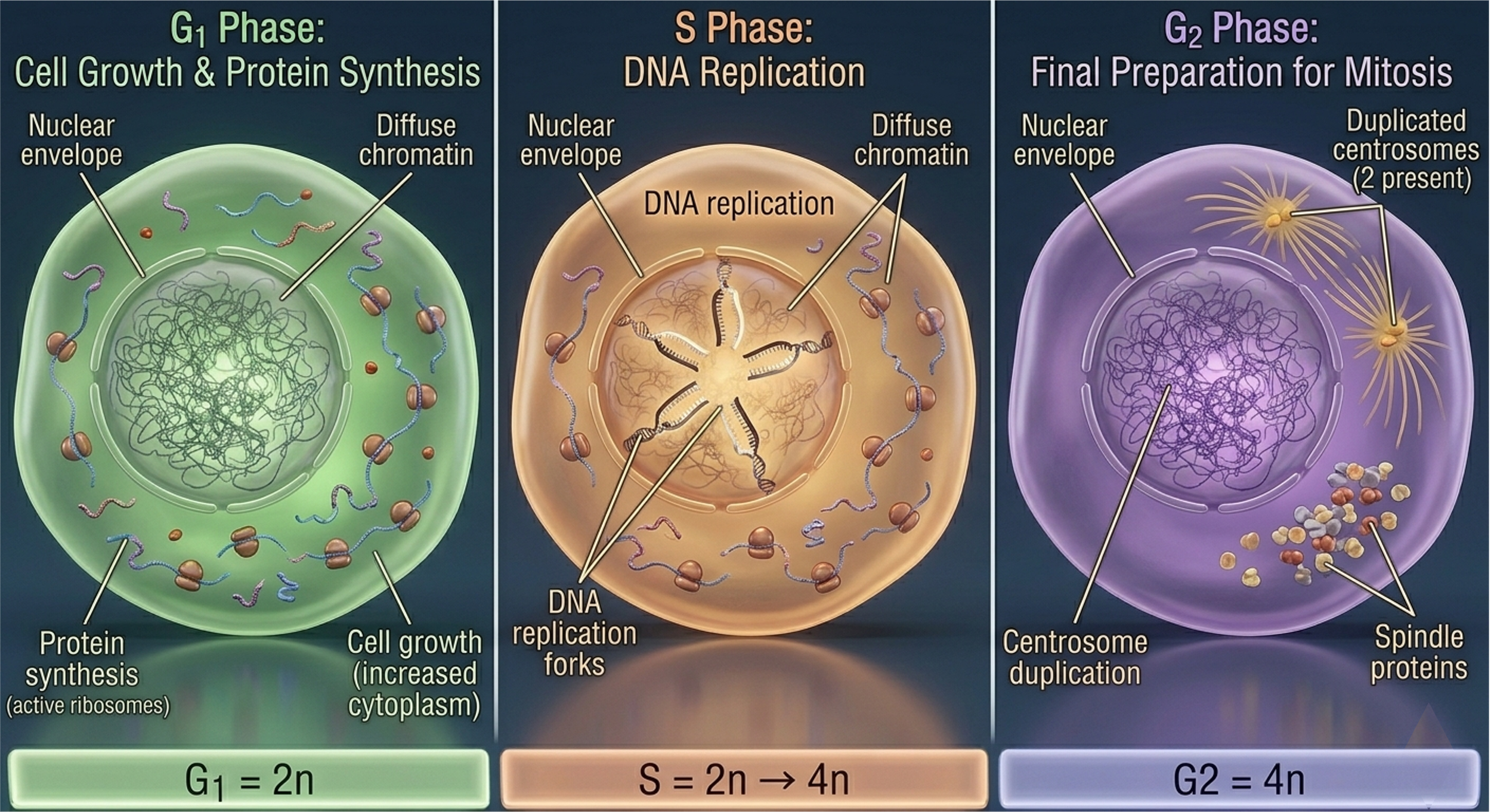 Figure 4. Stages of interphase. G1 involves cellular growth and metabolic activity, S phase includes DNA replication, and G2 prepares the cell for mitosis through protein synthesis and spindle assembly preparation.