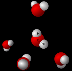 Figure 12. Hydrogen bonding in solid water, or ice. Ice is a solid at a molecular level because hydrogen bonds form among all the water molecules forming a lattice structure. This lattice structure (or crystalline structure) is more spread out than liquid water, due to the polarity (and bent shape) of the water molecule. Molecules that are more spread out generate substances that have lower density. This is why ice floats on water.