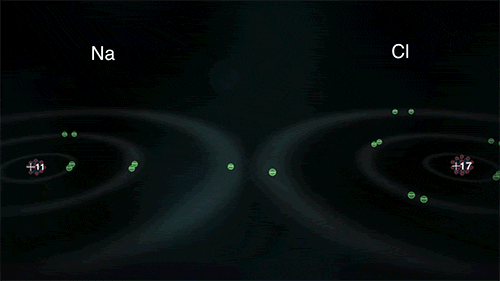 Figure 9. Ionic bonding in sodium chloride (NaCl) . Sodium with one valence electron has a low electronegativity and donates its electron to a neighboring chlorine, an element with high electronegativity. With the loss of an electron sodium has a +1 charge and becomes a cation, and chlorine has a -1 charge and becomes an anion. The differential in these charges forms an strong electromagnetic attraction between the ions, known as an ionic bond. Source .