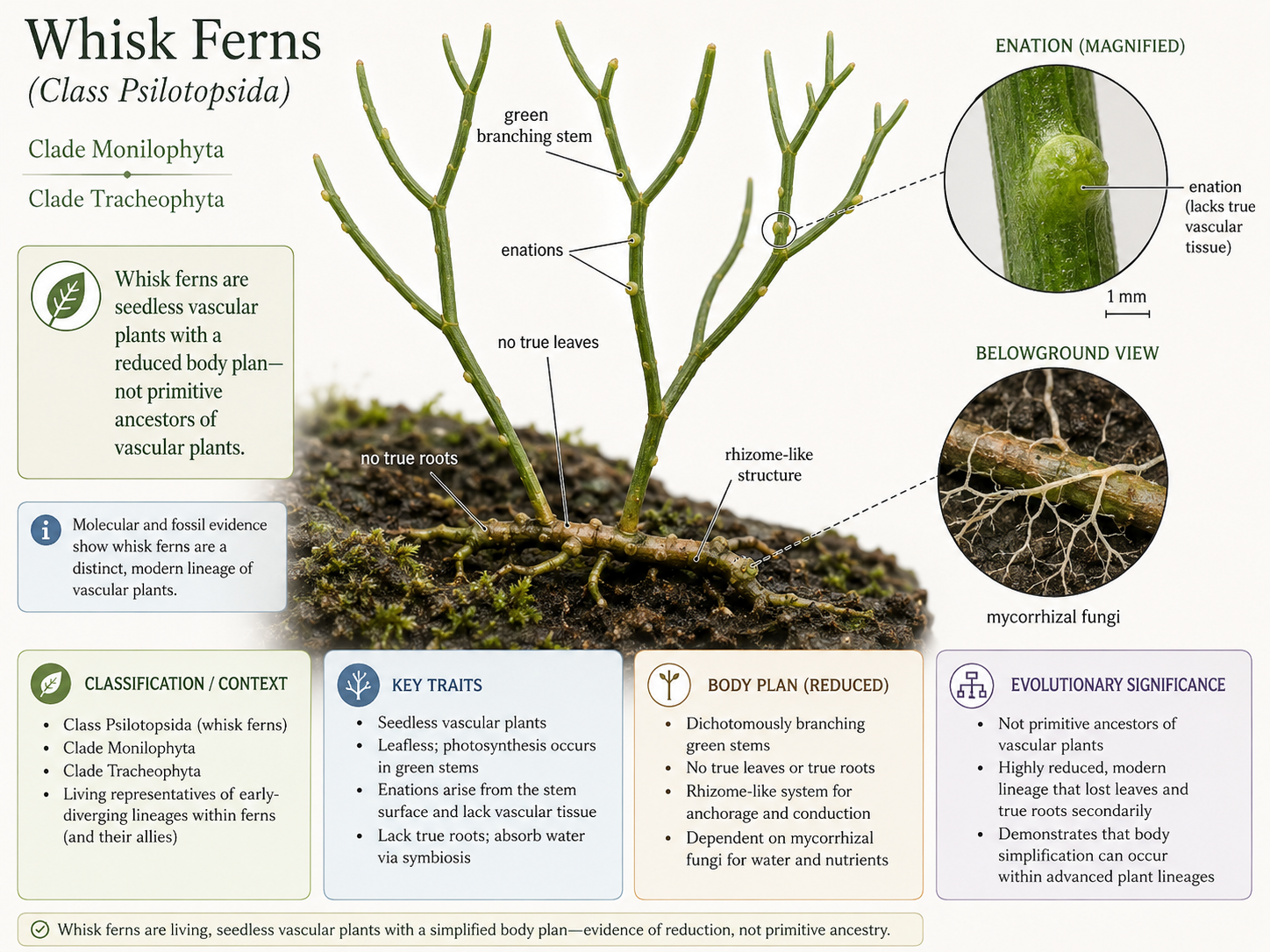 Class Psilotopsida. Whisk ferns are seedless vascular plants with green branching stems, no true roots, and no true leaves. Their small enations resemble leaves but lack vascular tissue.