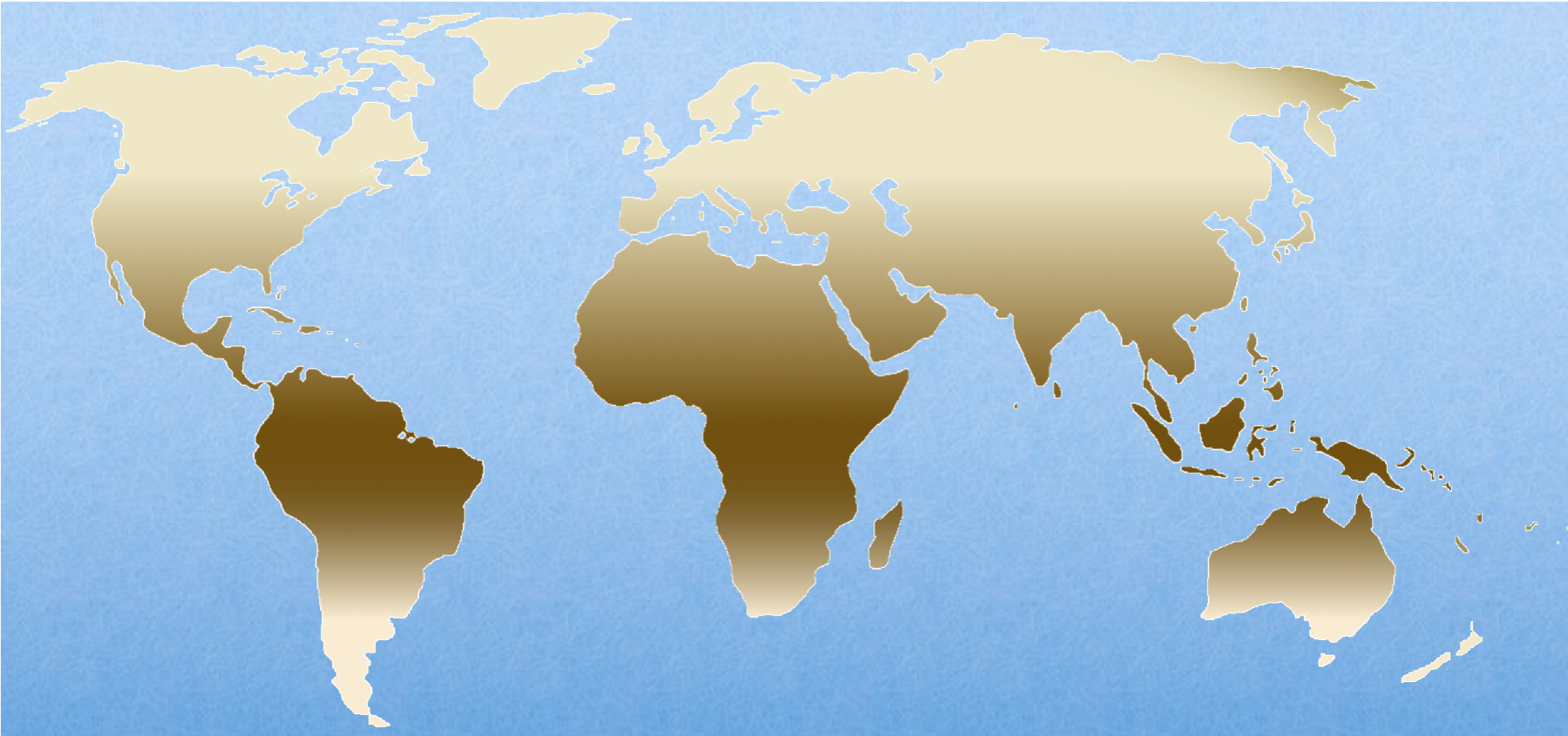Figure 17. Human skin color is expressed on a continuum as a result of polygenic inheritance. In lower latitudes, selection pressures promote darker skin to protect from cellular damage from UV exposure. Lighter skin promotes higher vitamin D production, essential in the more northern latitudes. 