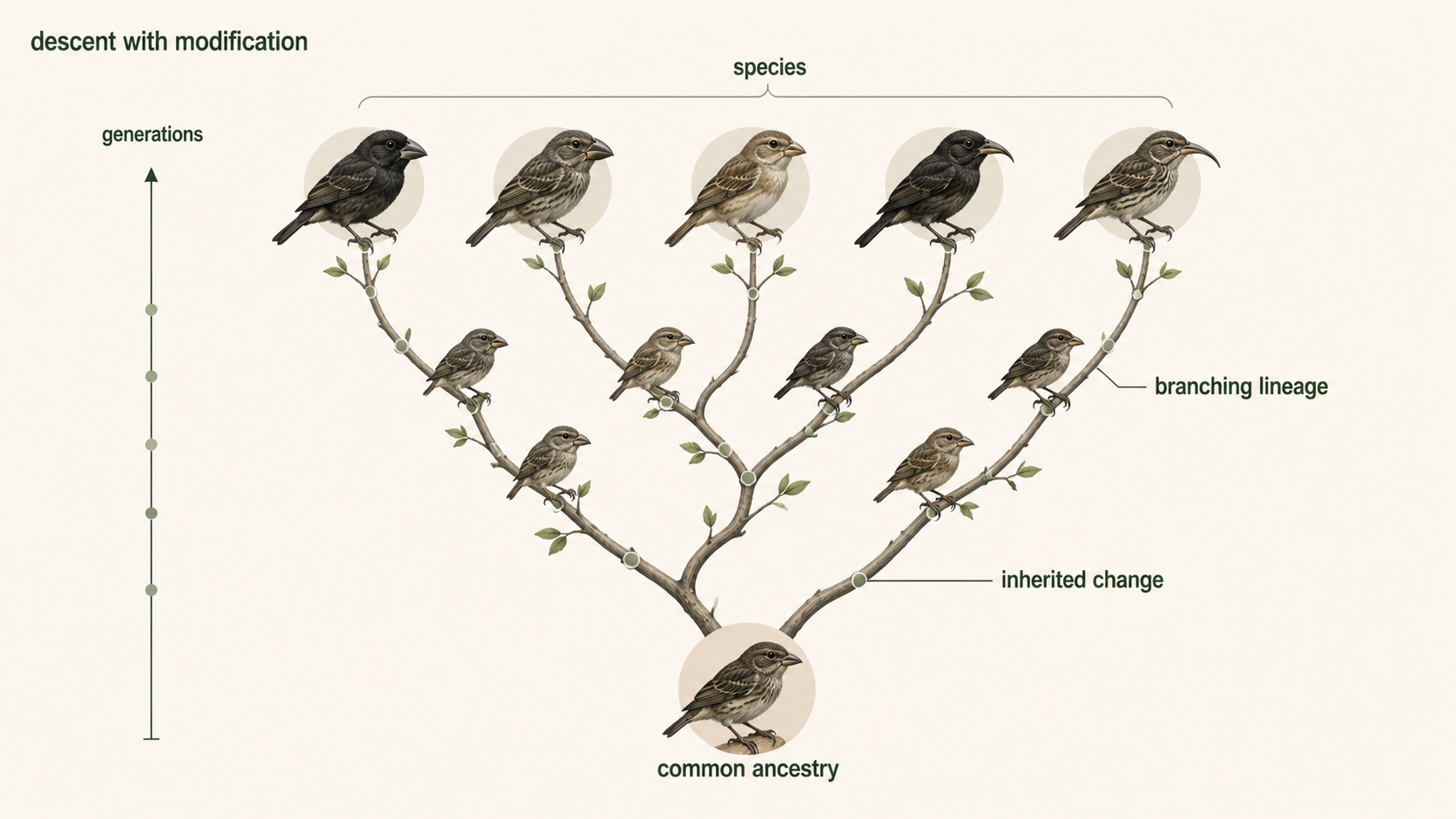 A branching lineage shows related species sharing common ancestry and accumulating inherited changes over time.