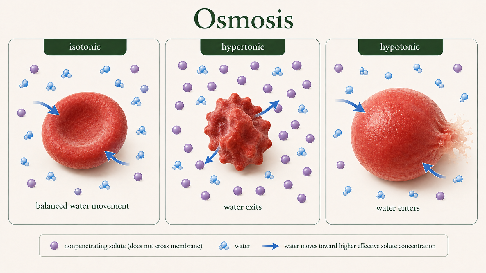 Animal cells in isotonic, hypertonic, and hypotonic solutions show balanced water movement, shrinkage, and swelling.