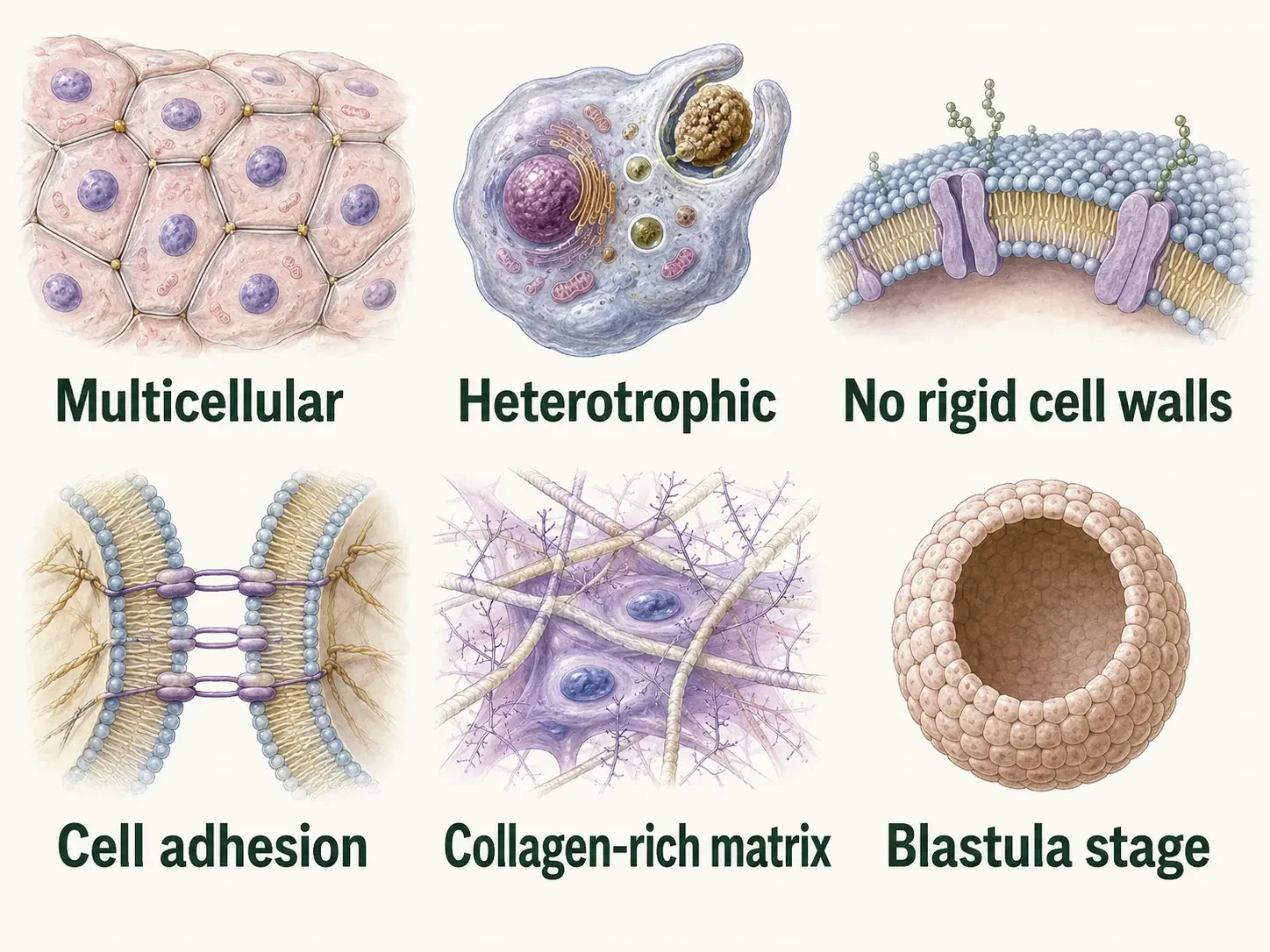 Six-panel scientific illustration of shared animal traits: multicellular organization, heterotrophic feeding, no rigid cell walls, cell adhesion, a collagen-rich extracellular matrix, and development through a blastula stage.