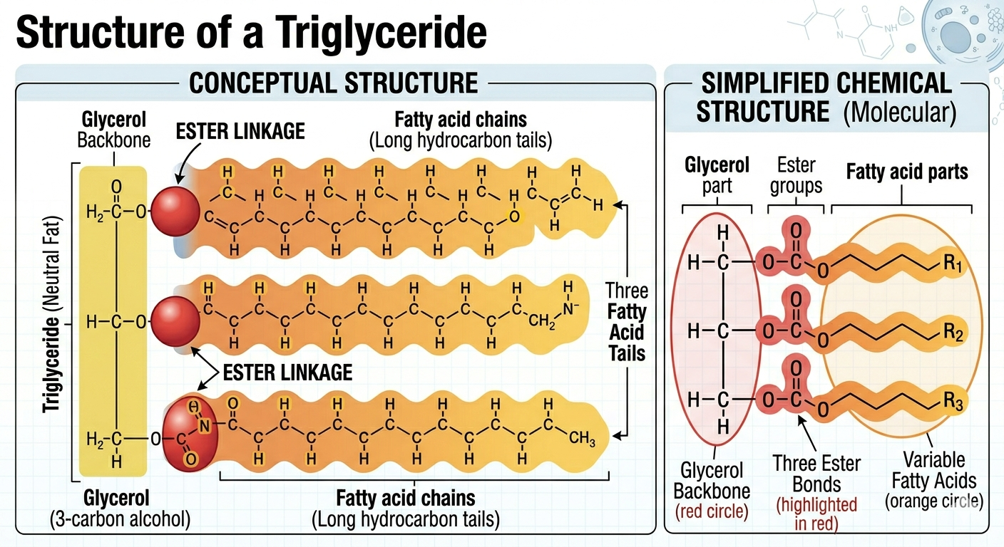 Triglycerides consist of glycerol attached to three fatty acid chains and function primarily in long-term energy storage.