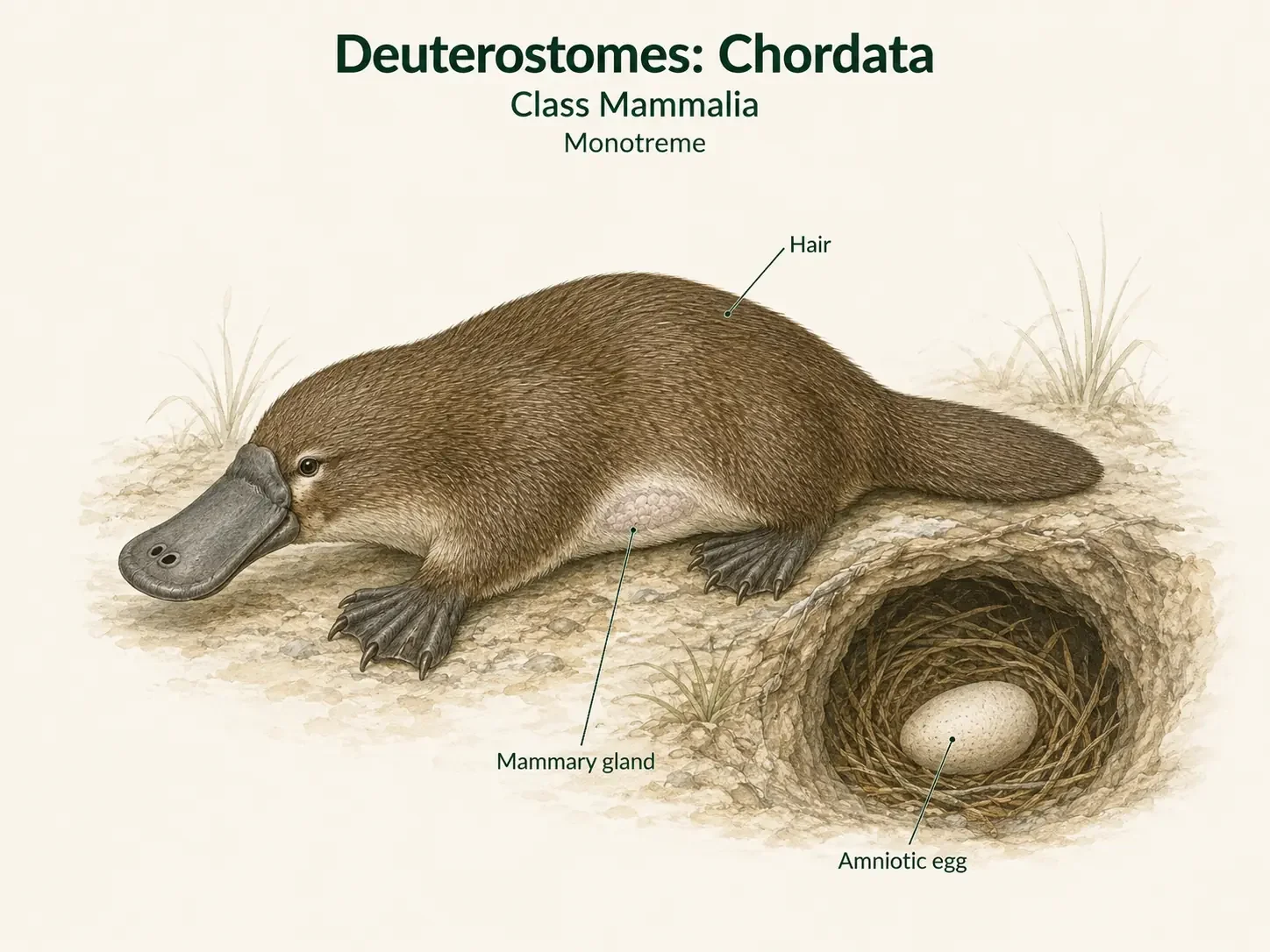 A monotreme beside a nest and egg, with hair and the mammary region identified as mammalian traits.
