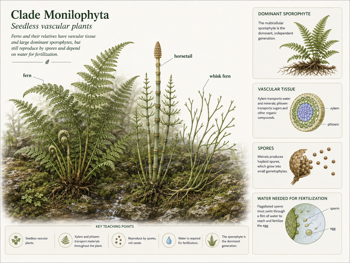Seedless Vascular Plants. Ferns and their relatives have xylem, phloem, and dominant sporophytes, but they reproduce by spores rather than seeds. Their sperm require water for fertilization, linking them to moist environments.