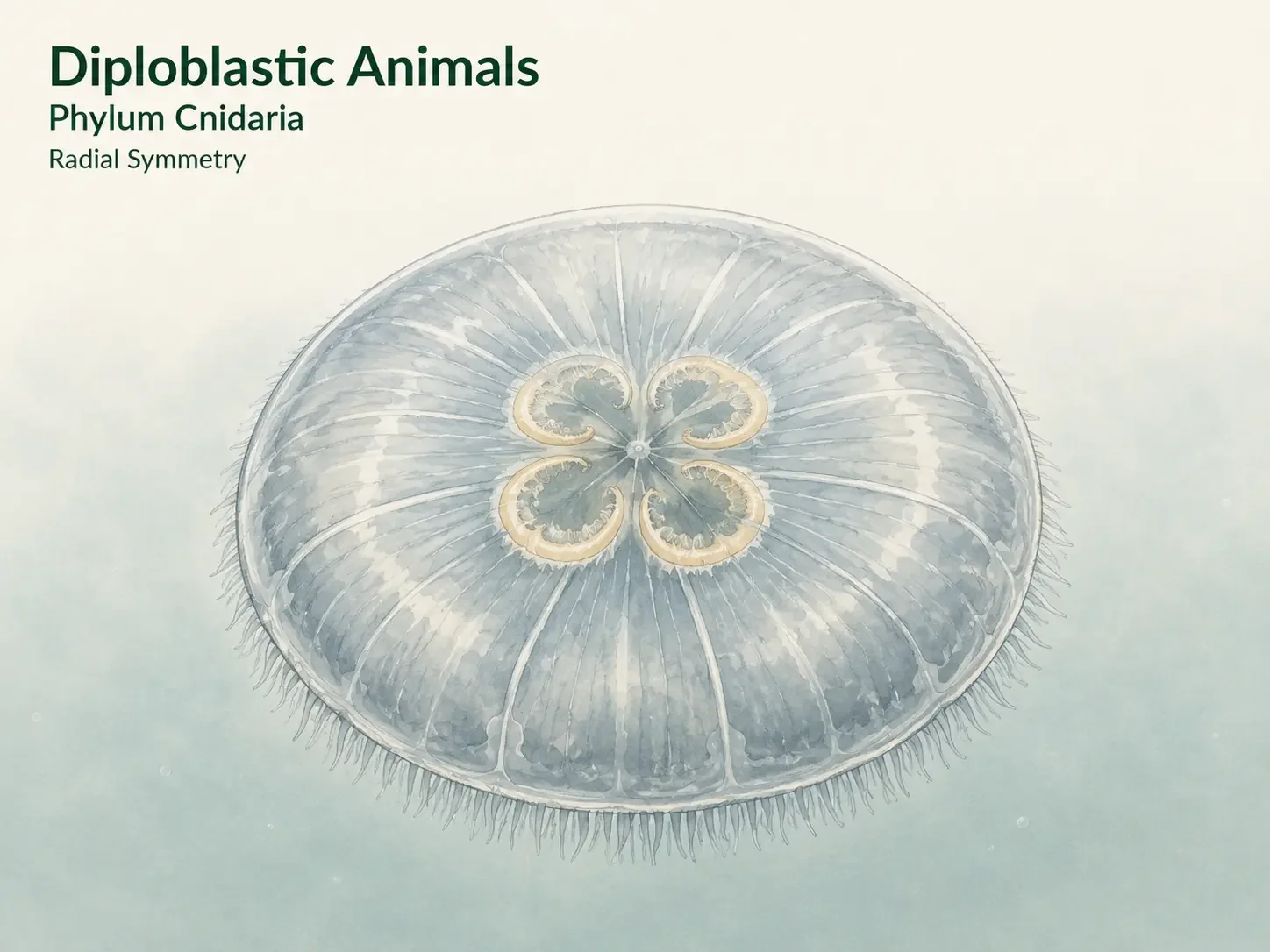 Top-down view of a jellyfish showing body structures arranged around a central point in radial symmetry.
