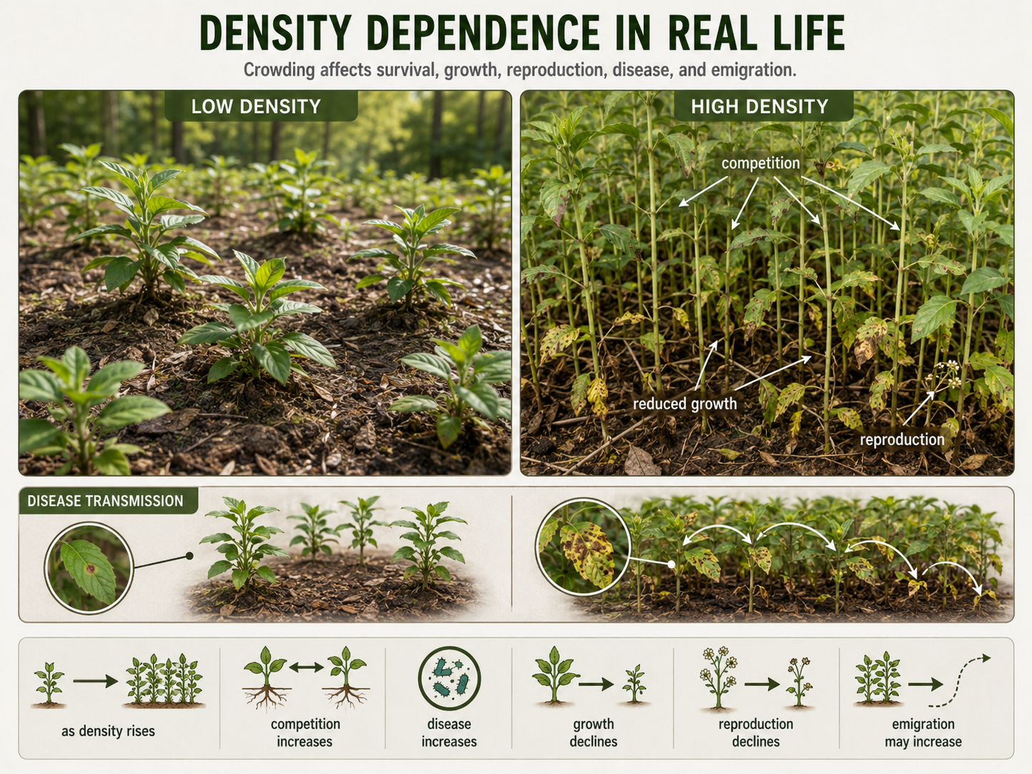 Two seedling plots compare spacing. Well-spaced plants grow strongly, while crowded plants are tall, thin, and competing for light, water, nutrients, and space. A small inset shows disease spreading more easily among crowded animals.