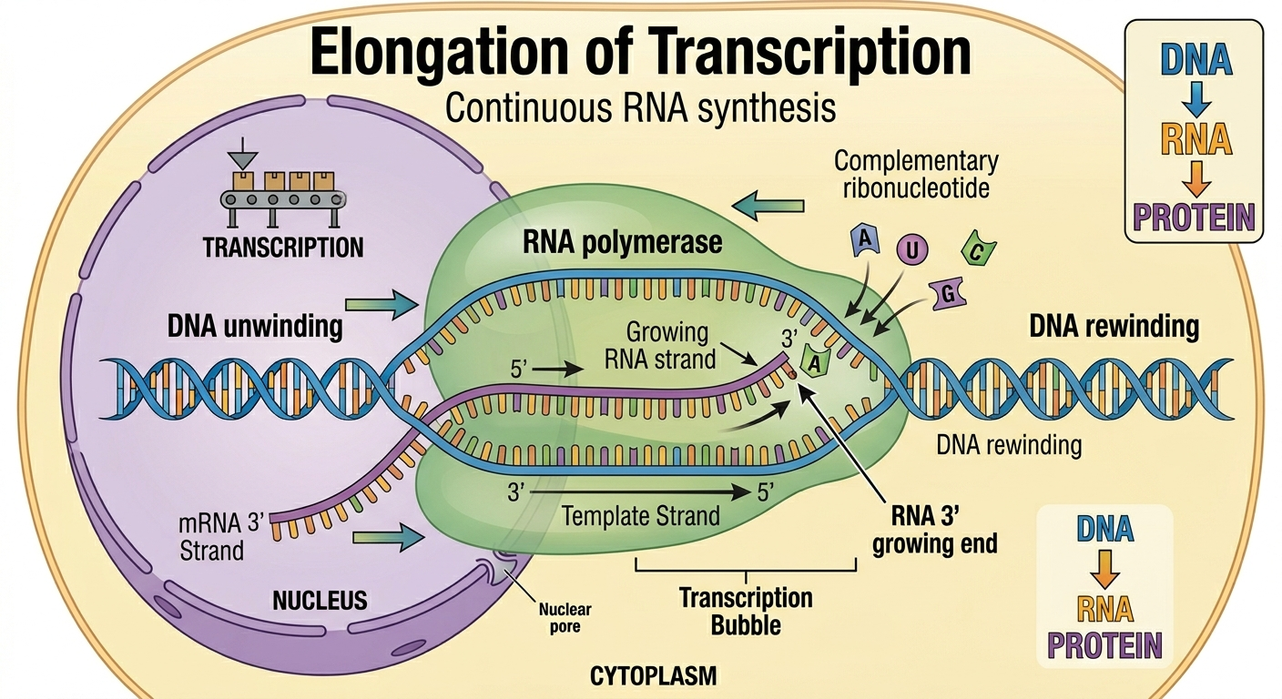 During elongation, RNA polymerase continuously synthesizes RNA while moving along the DNA template.