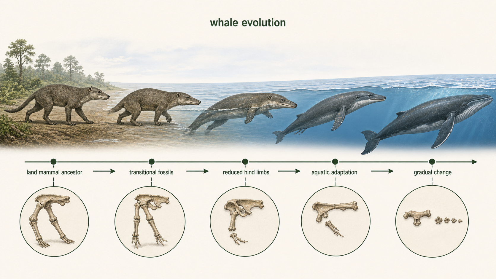 A fossil sequence shows early whale relatives shifting from land mammals to aquatic forms with reduced hind limbs.