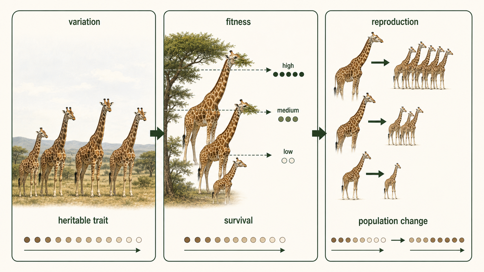 A giraffe population with natural neck variation changes over generations as longer-necked individuals reproduce more.