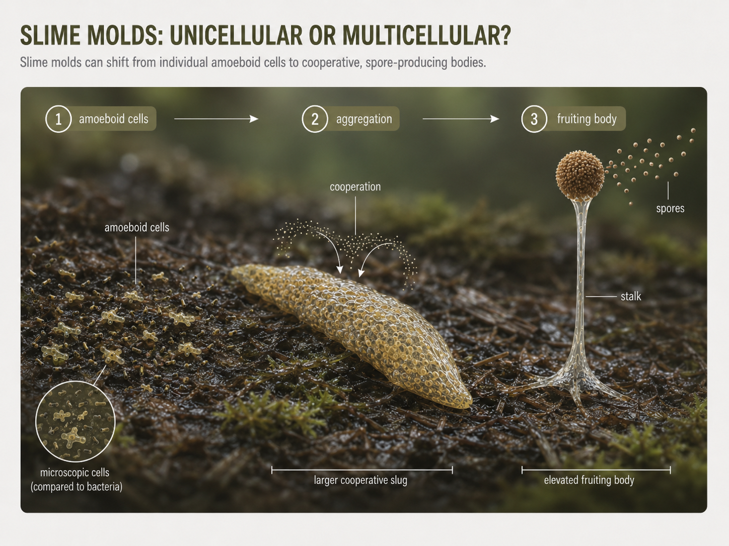 Slime molds can live as individual amoeboid cells but may aggregate under stressful conditions to form fruiting bodies. These life cycles show how cooperation and division of labor can evolve among eukaryotic cells.