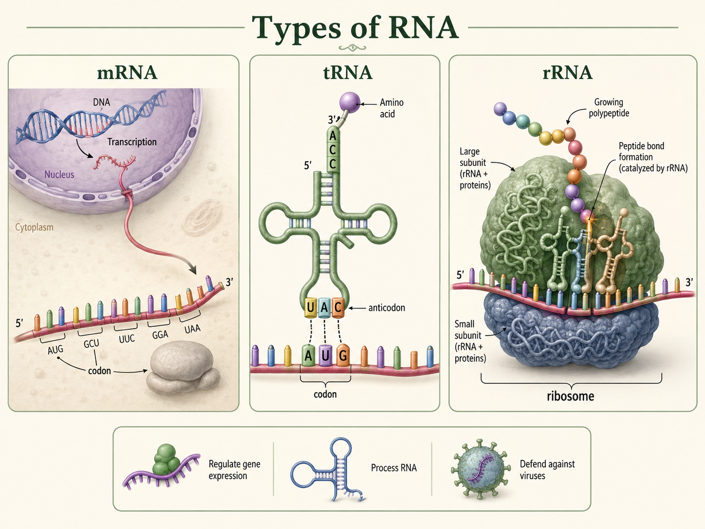 mRNA carries codons, tRNA pairs anticodons with codons, and rRNA helps form the ribosome.