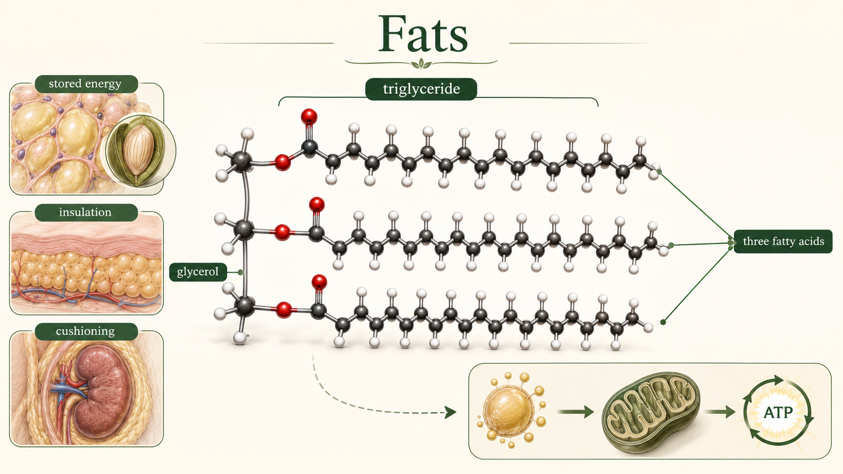 A triglyceride with one glycerol and three fatty acid chains connects to energy storage, insulation, and organ cushioning.